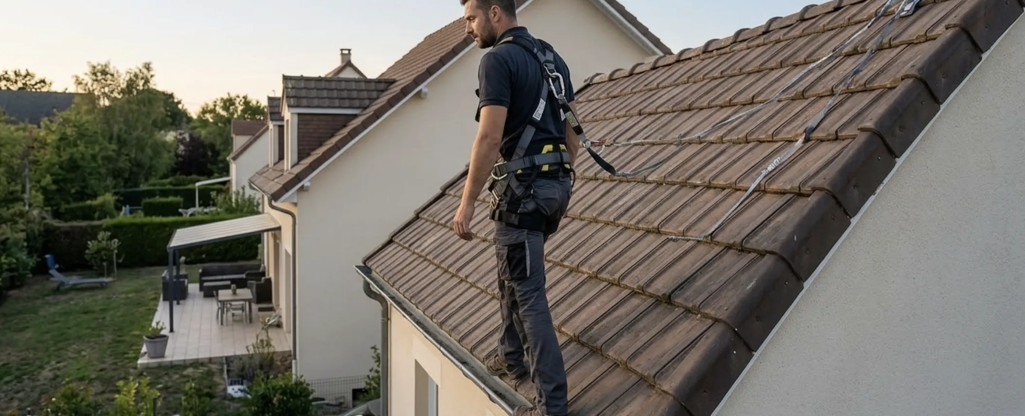 Un artisan couvreur équipé de ses équipements de protection (EPI) appliquant méticuleusement un produit hydrofuge incolore de bas en haut à l'aide d'un pulvérisateur basse pression sur une toiture inclinée.